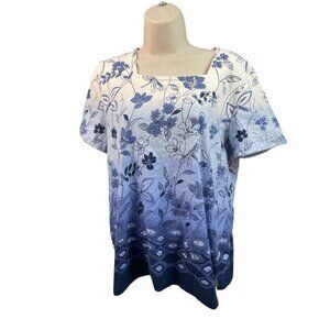 Alfred Dunner Petite Womens Blue & White Floral Print Short Sleeve‎ Top